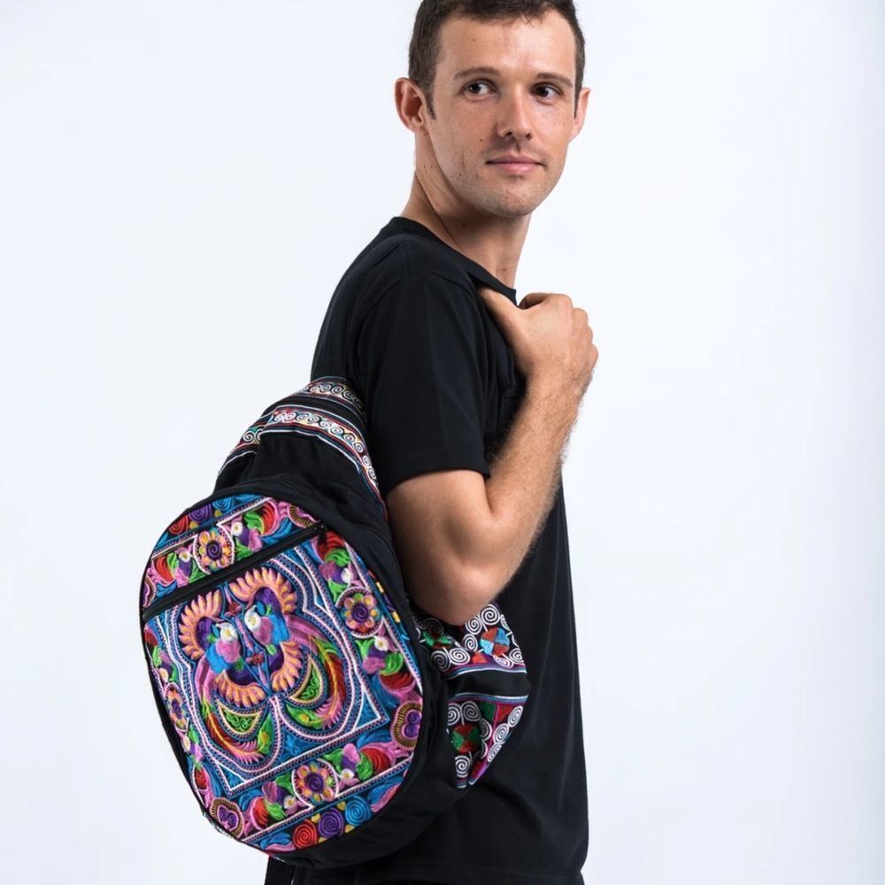 HMONG HILL TRIBE EMBROIDERED PEACOCK BACKPACK IN PURPLE